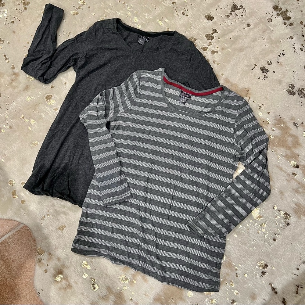 Two long sleeve maternity shirts charcoal and charcoal with white stripes. Large